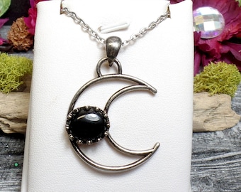 Collar de luna de ágata negra, luna creciente de ágata, luna de piedras preciosas, luna de plata antigua, luna negra