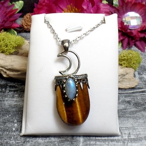 Tiger Eye and Labradorite Moon Necklace, Tiger Eye Crescent Moon, Gemstone Moon, Antique Silver Moon, Brown Moon