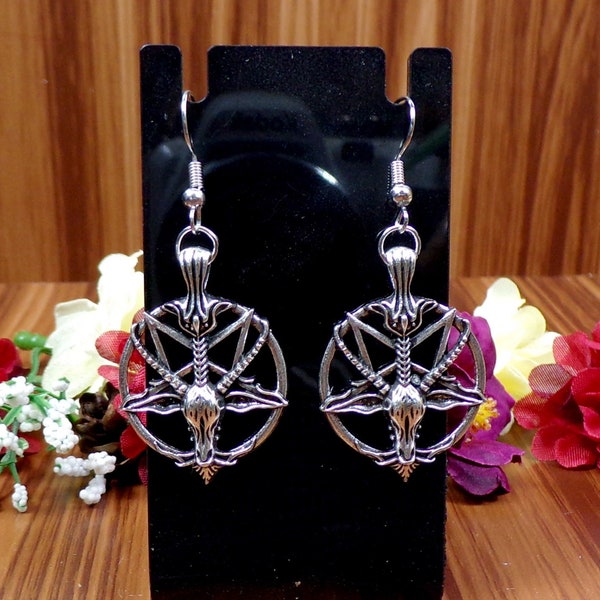 Silver Baphomet Inverted Pentacle Earrings, Pentagram Earrings, Baphomet Head, Goat Head Earrings, Pagan Earrings, Satanist, Gothic