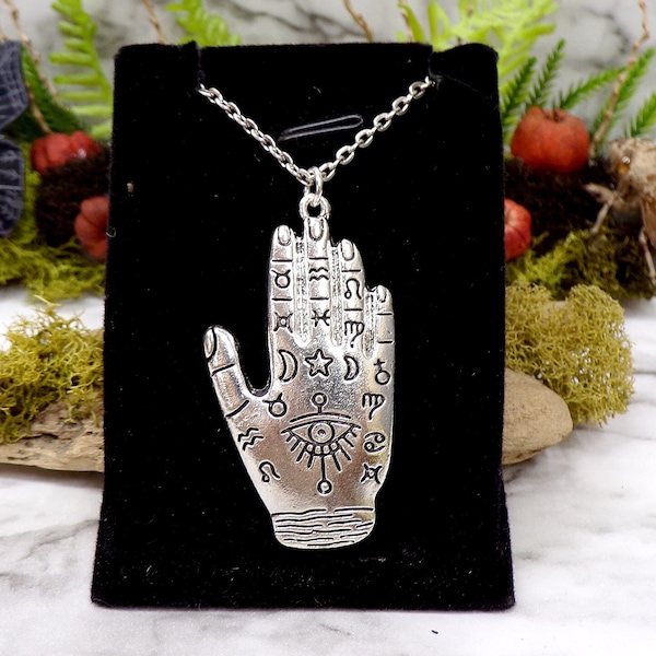 Fortune Teller Hand Necklace, Palmistry Necklace, Hand Necklace, Psychic, Palm Reader, Mystic, Healer, Tattooed Hand