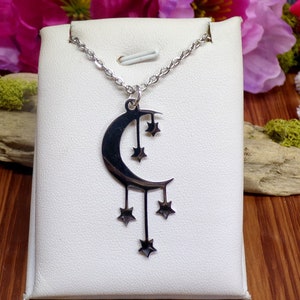 Crescent Moon and Stars Necklace, Pagan Moon Necklace, Wiccan Moon Necklace, Boho Moon Necklace, Laser Cut, Celestial Necklace