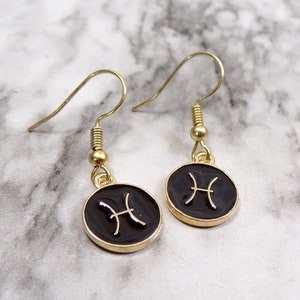 Dainty Pisces Zodiac Earrings, Zodiac Jewelry, Black and Gold Earrings, Zodiac Symbol, Astrology Earrings, Horoscope
