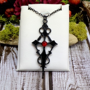 Black Gothic Cross Necklace, Red & Black Necklace, Red Rhinestone Cross, Vampire Cross, Victorian