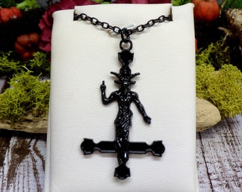 Black Baphomet Inverted Cross Necklace: Satanic Jewelry
