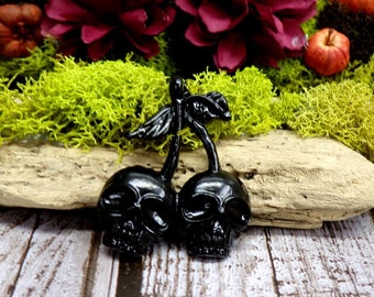 Black Skull Cherry Necklace, Rockabilly Cherries, Gothabilly