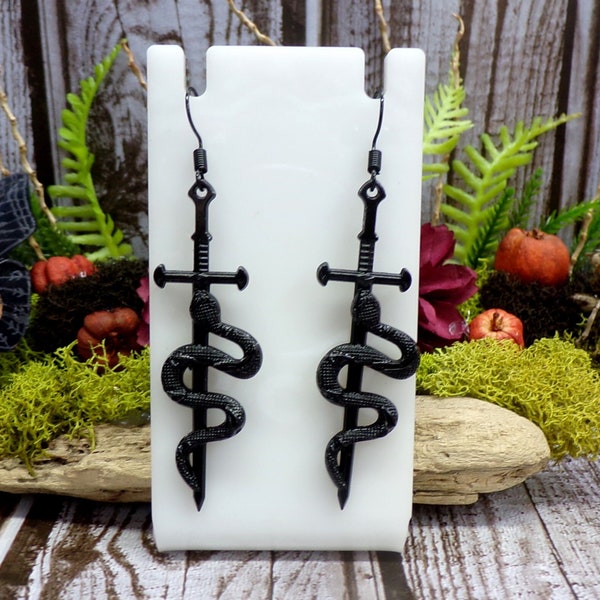 Black Snake And Sword Earrings, Medieval Earrings, Gothic Snake Earrings, Halloween Earrings, Gothic Sword