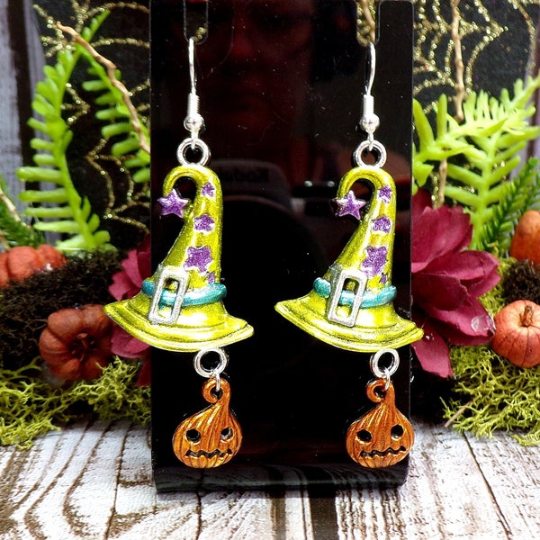 Painted Witch Hat Earrings, Halloween Jewelry, Witch Jack-O-Lantern, Pumpkin Earrings, Magick Hat, Wicked Witch