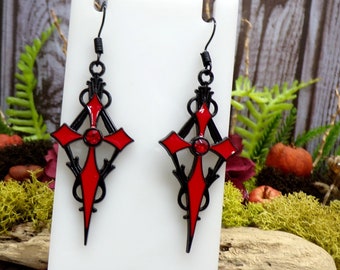 Black And Red Gothic Cross Earrings, Small Version, Red Rhinestone Cross Jewelry, Victorian Vampire Cross, Gothic Fashion Accessories