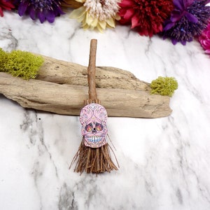 Tiny Sugar Skull Broom Magnet, Witches Broom Magnet, Fridge Magnet, Halloween Skull Magnet