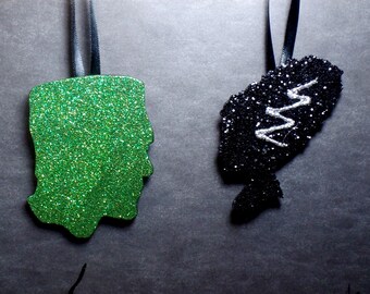 Set of 2 Glitter Monster Ornaments, Frankenstein's Monster & Bride, Halloween Tree, Christmas Ornament, Horror Ornament