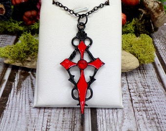 Black And Red Gothic Cross Necklace, Red & Black Necklace, Red Rhinestone Cross, Vampire Cross, Victorian