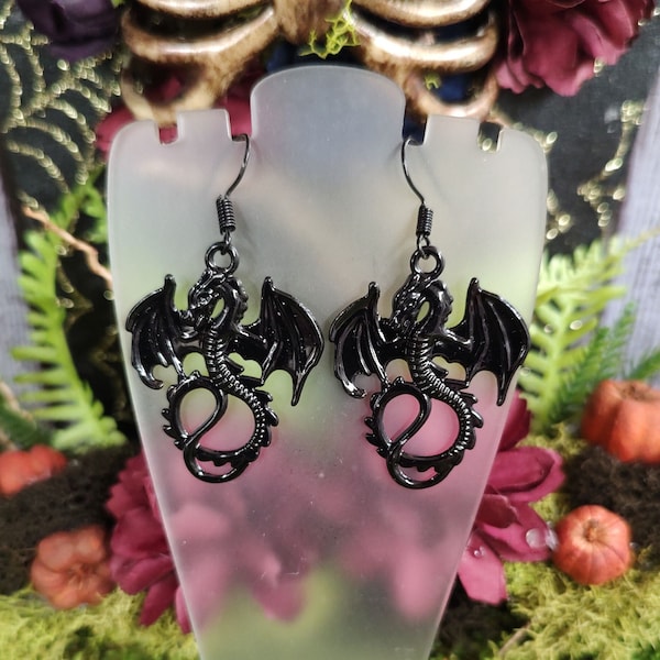 Black Dragon Earrings, Fantasy Earrings, Dragon Jewelry, Cosplay Earrings, Gothic Earrings, Medieval Earrings