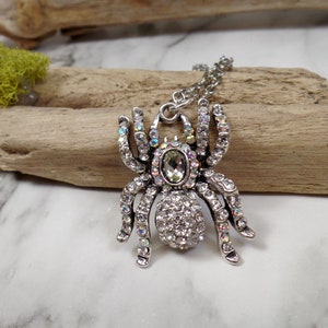 Silver Crystal Spider Necklace, Rhinestone Spider, Halloween Necklace, Arachnid Jewelry, Gothic Spider