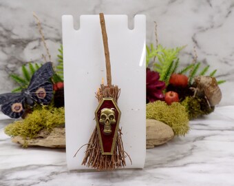 Imán de nevera de cocina de escoba de ataúd de calavera, imán de ataúd de vampiro, imán de Halloween, imán de escoba de bruja gótica