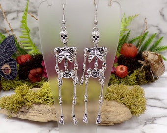 Silver Skeleton Earrings, Skull Earrings, Bones, Skeleton Jewelry, Halloween Skeleton, Halloween Jewelry, Gothic Earrings