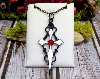 Black And White Gothic Cross Necklace, Red & Black Necklace, Red Rhinestone Cross, Vampire Cross, Victorian