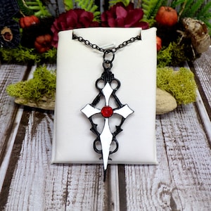 Black And White Gothic Cross Necklace, Red & Black Necklace, Red Rhinestone Cross, Vampire Cross, Victorian