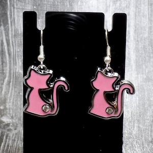 Pastel Pink Cat Earrings With Rhinestone Accent, Animal Lovers Gift, Feline Jewelry