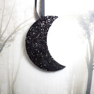 Set of 2 Black Glitter Crescent Moon Ornaments, Wood Ornaments, Halloween Tree, Yule, Glitter Moon, Christmas Ornament, Pagan