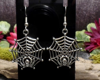 Silver Spider Earrings, Spider Web, Spider Jewelry, Halloween Spider, Halloween Jewelry