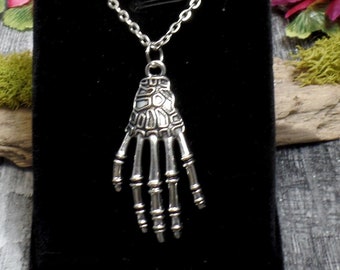 Silver Skeleton Hand Necklace, Goth Necklace, Gothic Skull Hand, Halloween Necklace, Horror Gift
