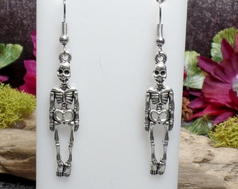 Silver Skeleton Earrings, Skull, Bones, Skeleton Jewelry, Halloween Skeleton, Halloween Jewelry, Gothic Earrings