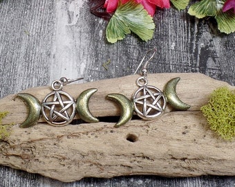 Forest Green Triple Moon Pentacle Earrings, Green Star Earrings, Wiccan Earrings, Pagan Earrings, Triple Goddess Pentagram