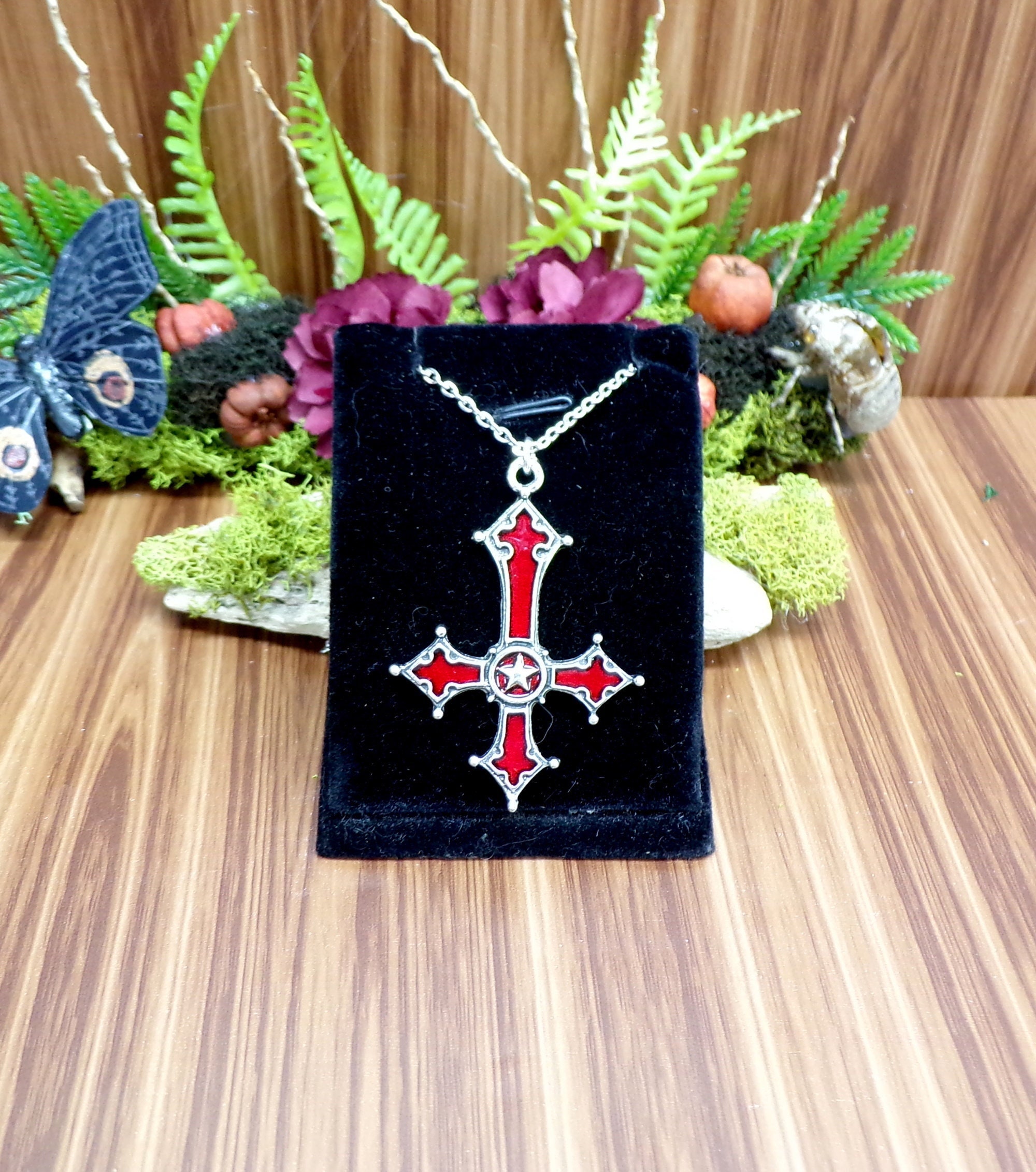 Upside Down Red Gothic Cross Necklace, Inverted Cross Necklace