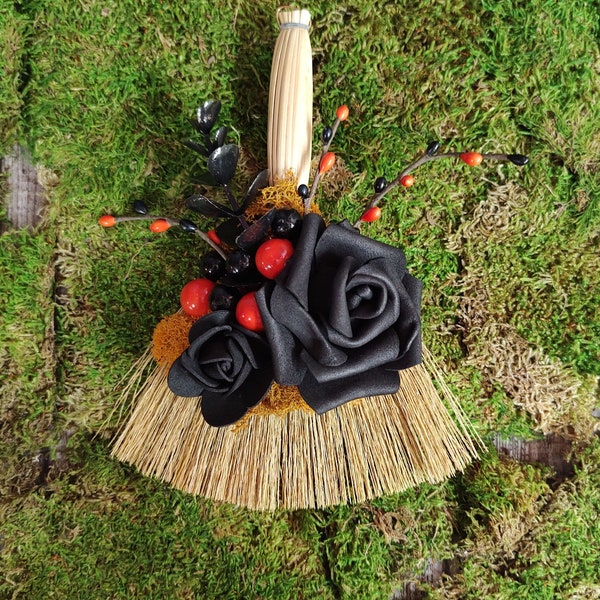 Small Halloween Flower Altar Besom, Floral Broom, 7" Broom, Witches Broom, Hearth Broom, Wall Decor, Pagan, Wiccan