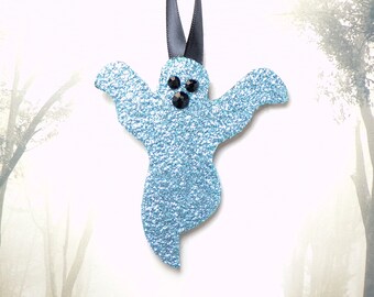 Set of 2 Blue Glitter Ghost Ornaments, Solstice Tree, Halloween Tree, Yule, Spooky Ghost, Christmas Ornament