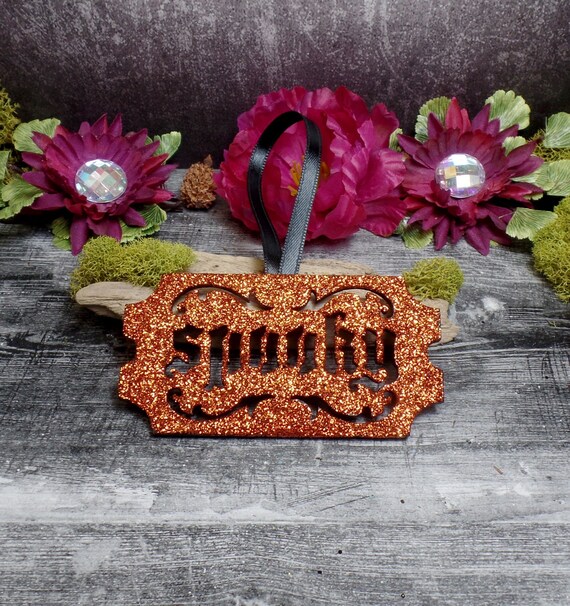 Set of 2 Orange Glitter Spooky Ornaments, Wood Ornaments, Halloween Tree, Yule, Witch Ornament, Christmas Ornament, Pagan