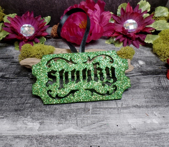 Set of 2 Green Glitter Spooky Ornaments, Wood Ornaments, Halloween Tree, Yule, Witch Ornament, Christmas Ornament, Pagan