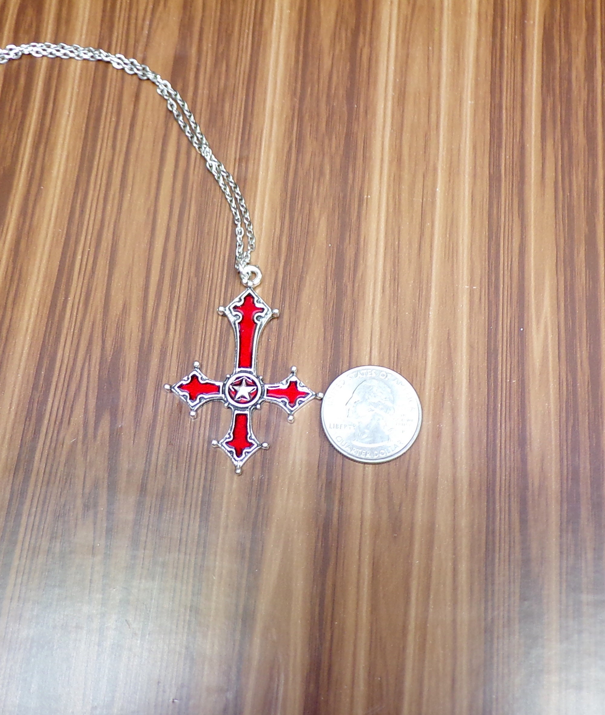 Upside Down Red Gothic Cross Necklace, Inverted Cross