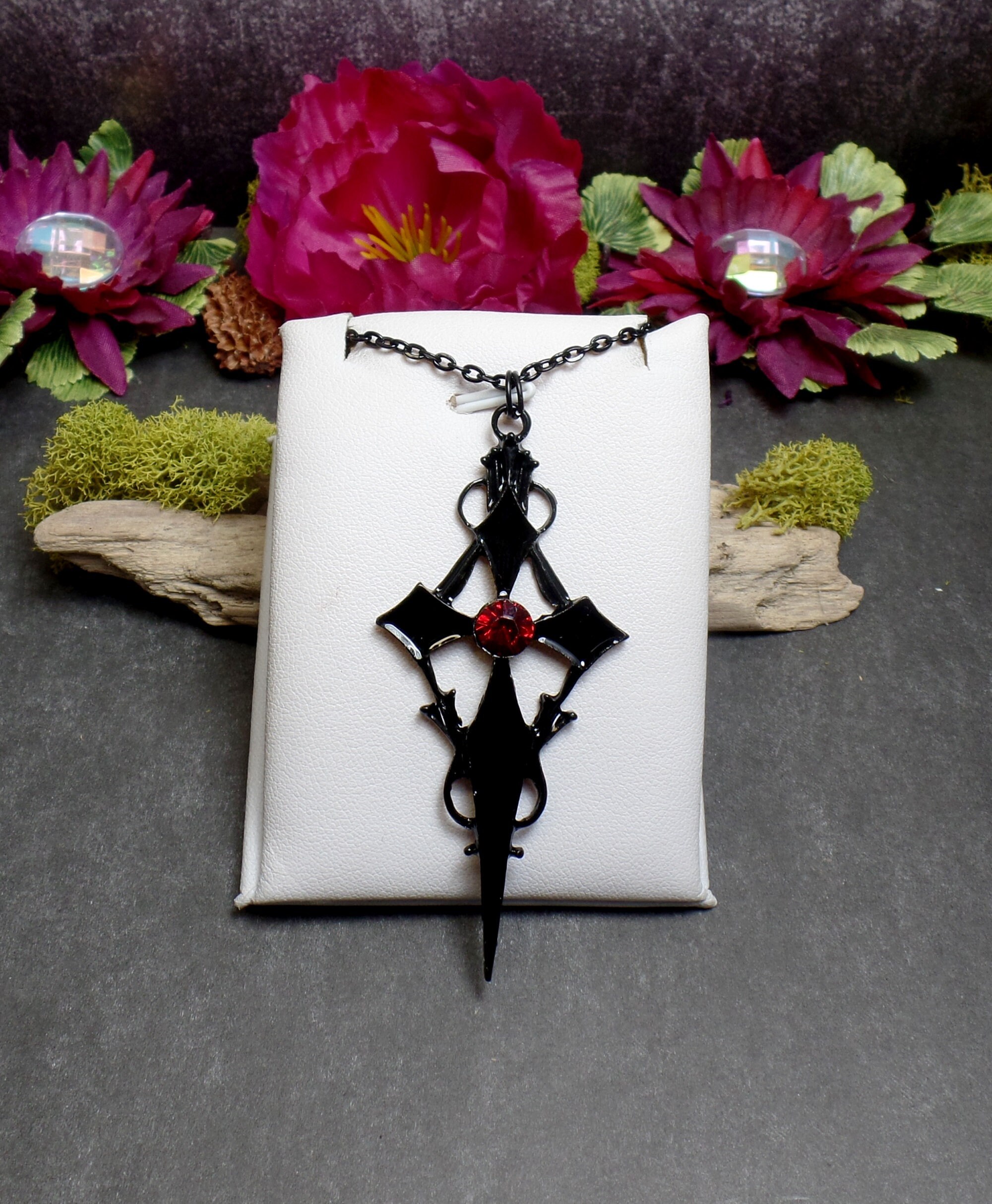 Black Gothic Cross Necklace - Red & Black Necklace - Red Rhinestone Cross - Vampire Cross