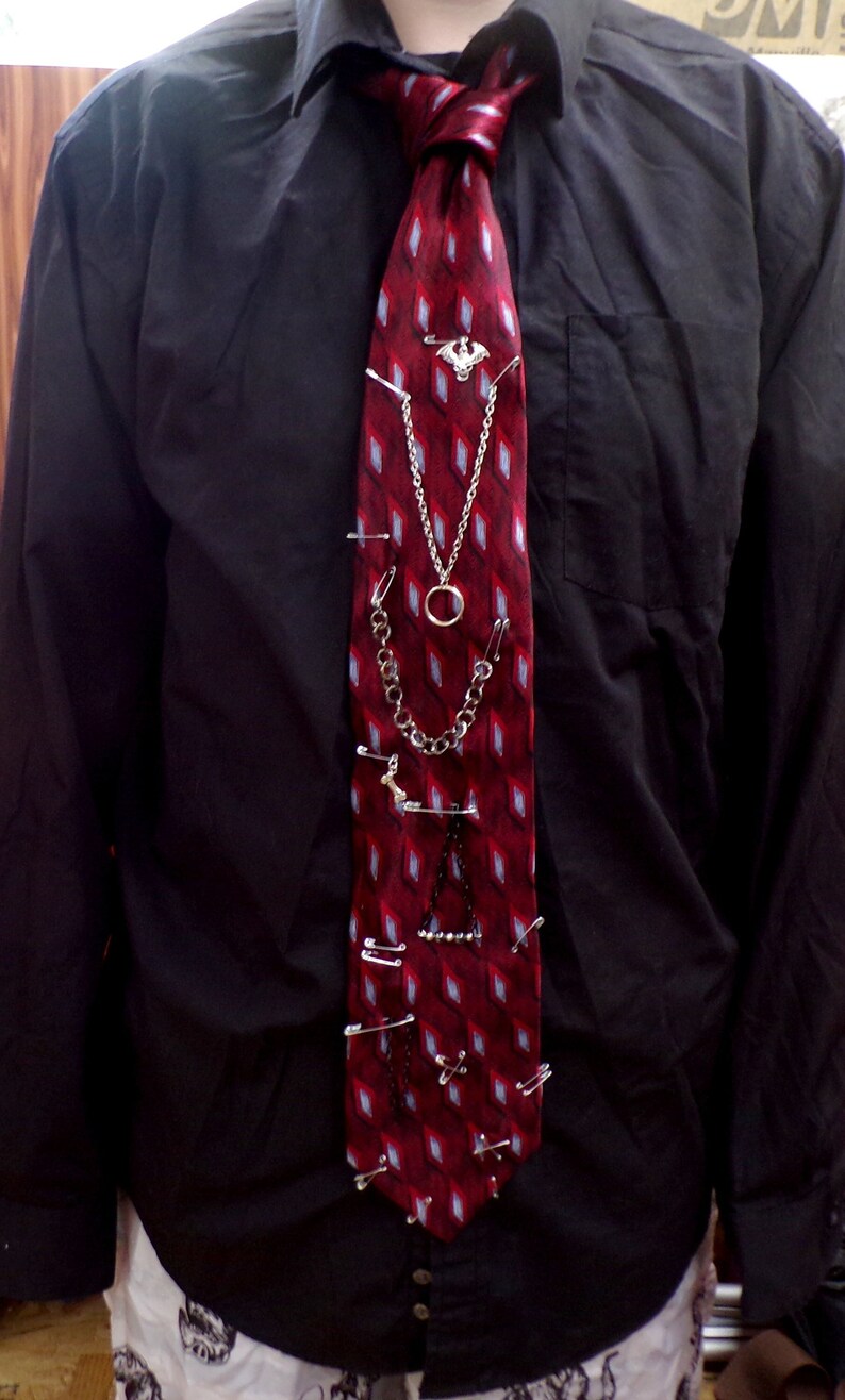 Punk Upcycled Tie Red and Grey Neck Tie Safety Pin Tie Etsy