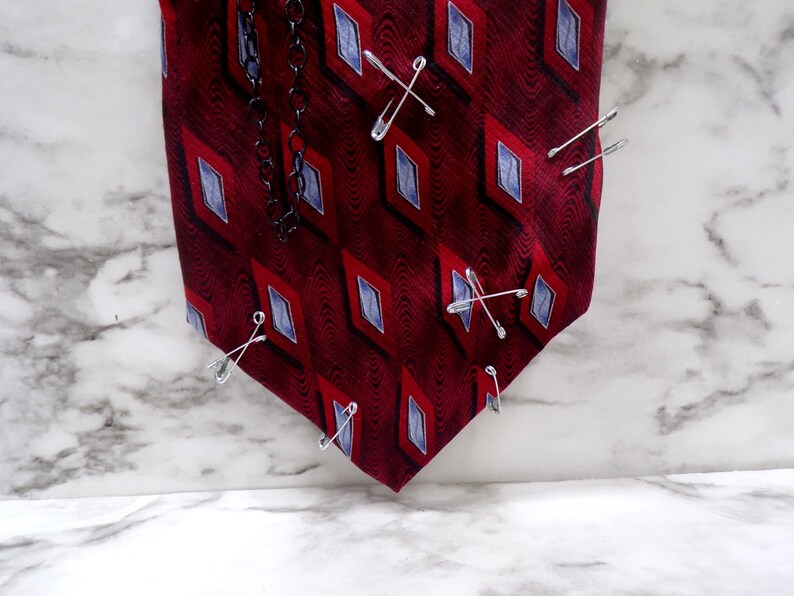 Punk Upcycled Tie Red and Grey Neck Tie Safety Pin Tie Etsy