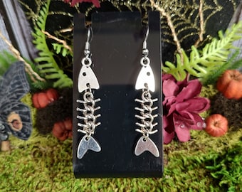 Fishbone Dangle Earrings: Gothic Halloween Skeleton Jewelry