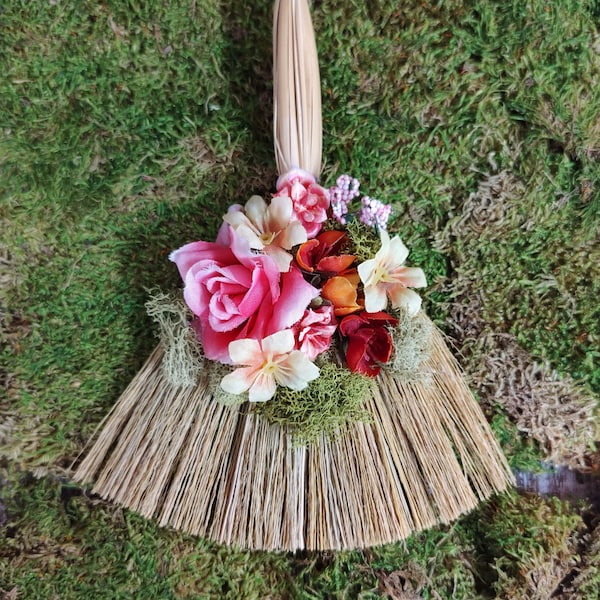 Small Pink Flower Altar Besom, Floral Broom, 7" Broom, Witches Broom, Hearth Broom, Wall Decor, Pagan, Wiccan