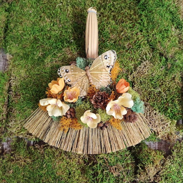 Small Yellow Flower And Butterfly Altar Besom, Floral Broom, 7" Broom, Witches Broom, Hearth Broom, Wall Decor, Pagan, Wiccan