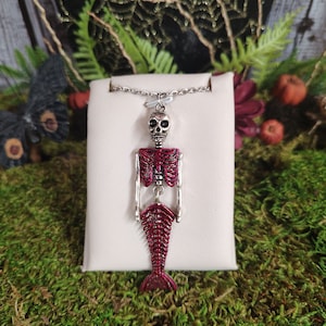 Red Skeleton Mermaid Necklace, Dead Mermaid, Gothic Mermaid Jewelry, Fantasy Accessories, Painted Glitter Mermaid