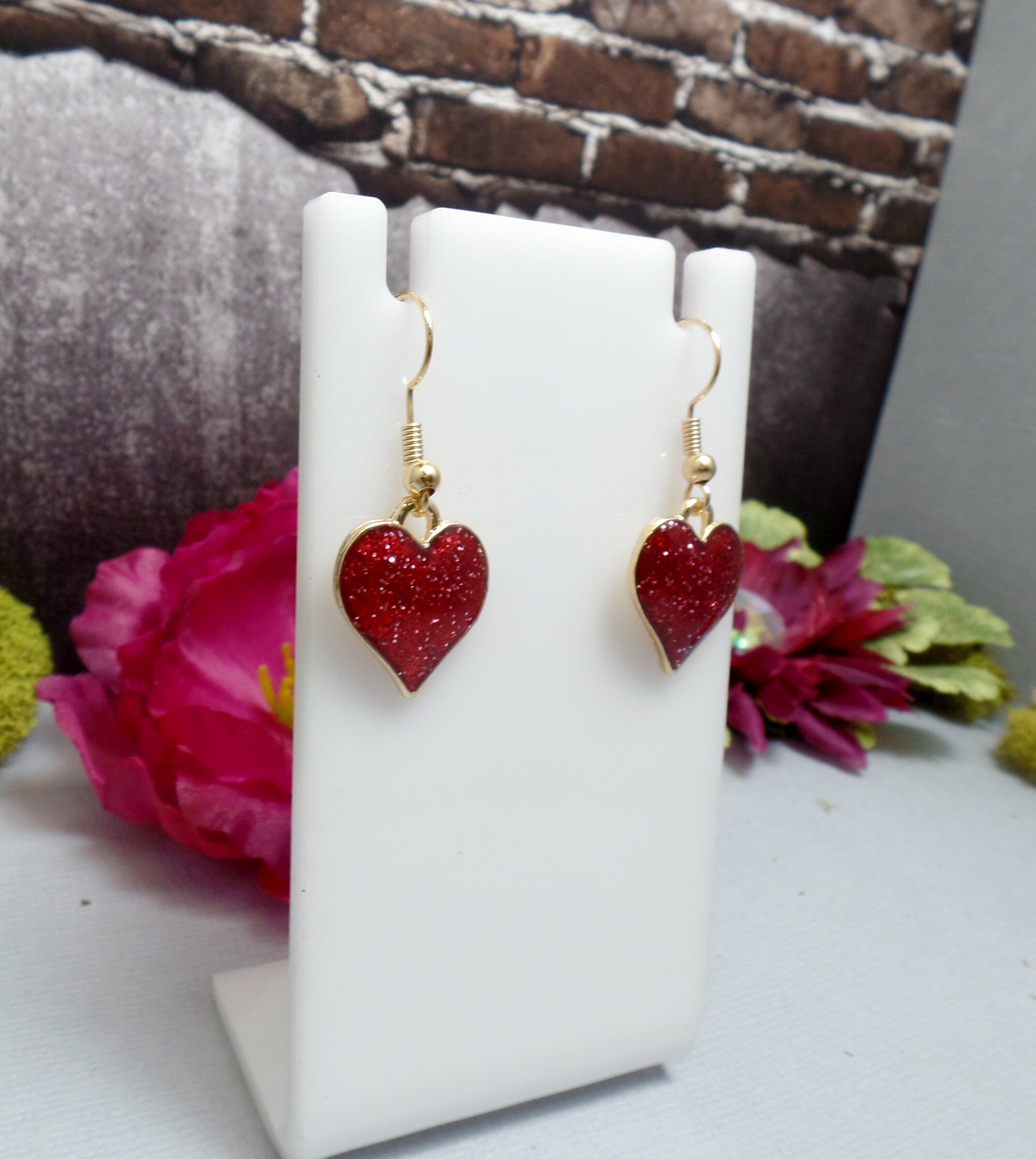 Red Glitter Heart Earrings Gothic Heart Earrings Gold and | Etsy