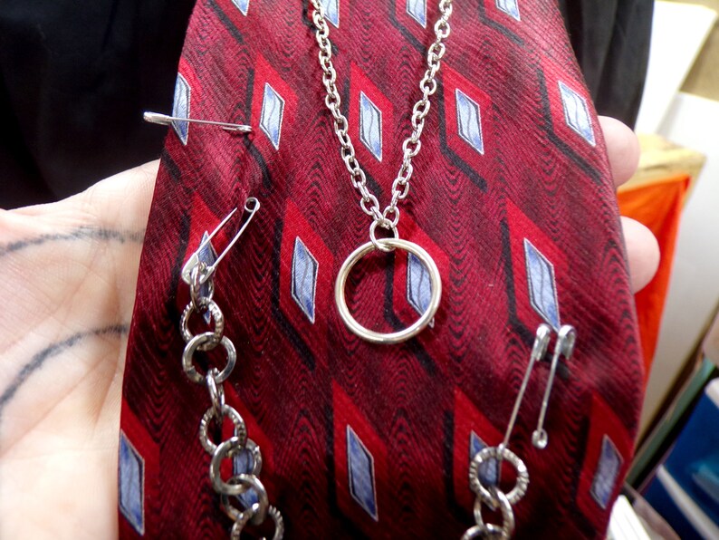 Punk Upcycled Tie Red and Grey Neck Tie Safety Pin Tie Etsy