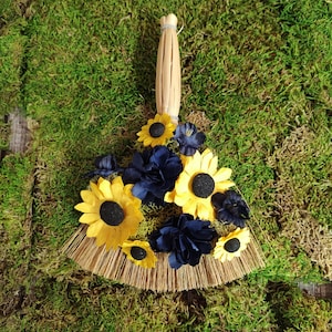 Small Sunflower And Blue Moss Broom, 7&quot; Broom, Floral Wall Decor, Cottage Core Home Decor, Flower Wall Hanging