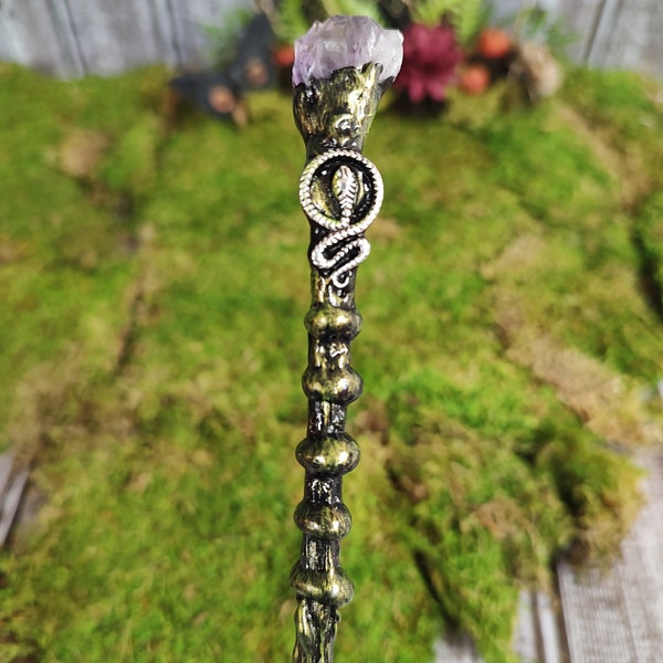 Snake Amethyst Tip Wand, Crystal Wand, Gemstone Wand, Pagan Wand, Wiccan Wand, Altar Tool, Ceremonial Wand, Fairy Wand, Wizard Wand