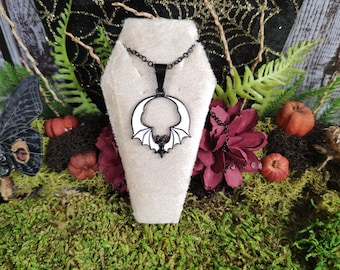 Black And White Bat Necklace, Smaller Version, Bat Wing Jewelry, Halloween Bats, Vampire Bats, Gothic Accessories