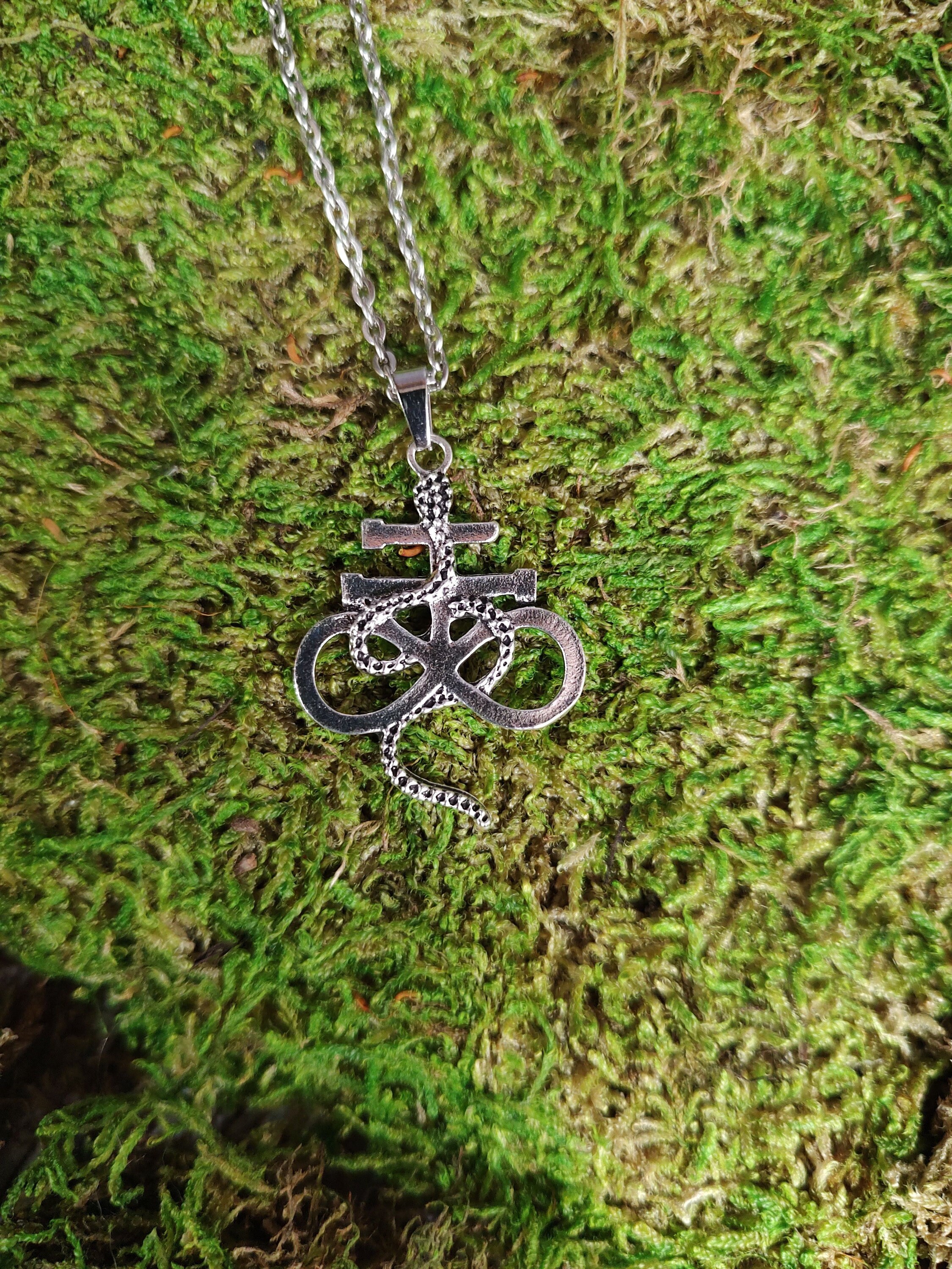 Leviathan Cross Snake Necklace, Sulphur Symbol, Alchemy Jewelry