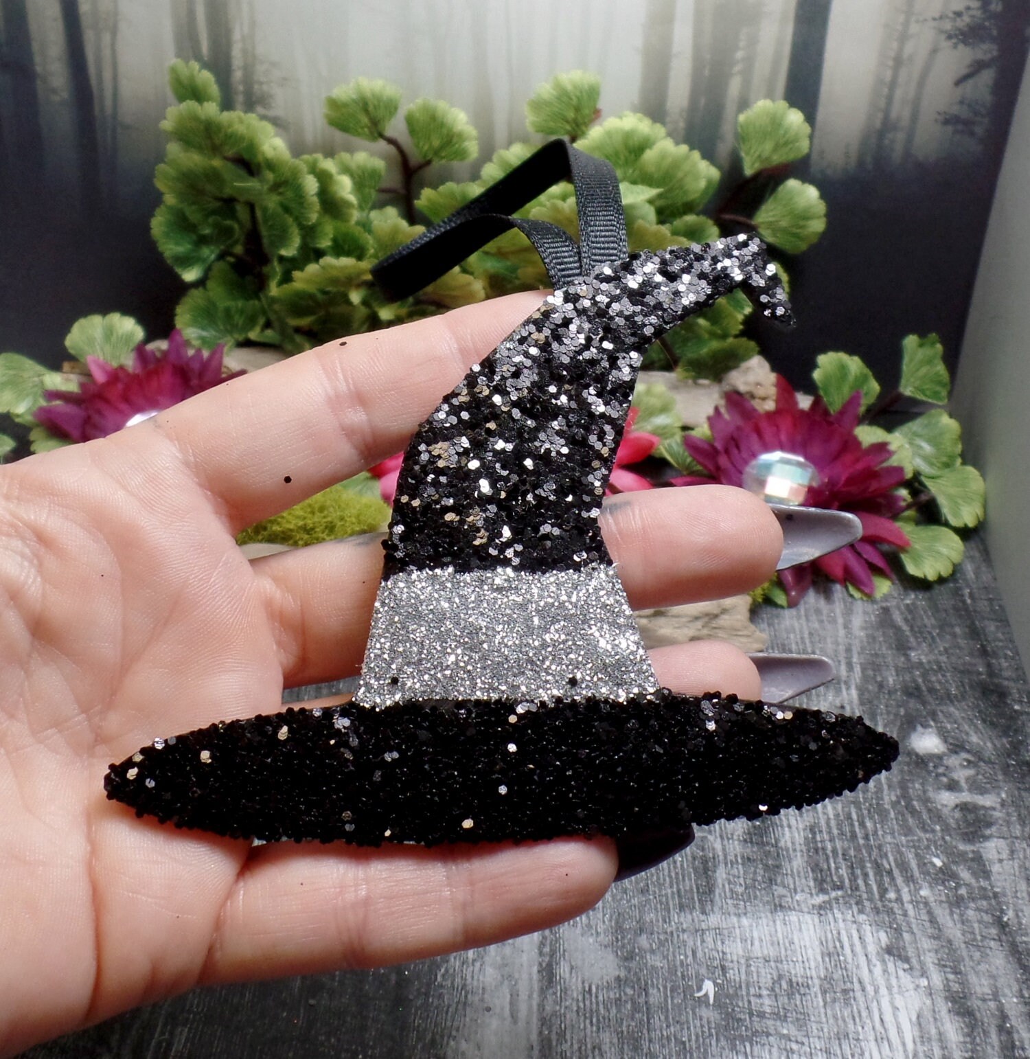 Glitter Witch Hat Ornament Set, Black & Silver, Halloween Tree Decor - Etsy