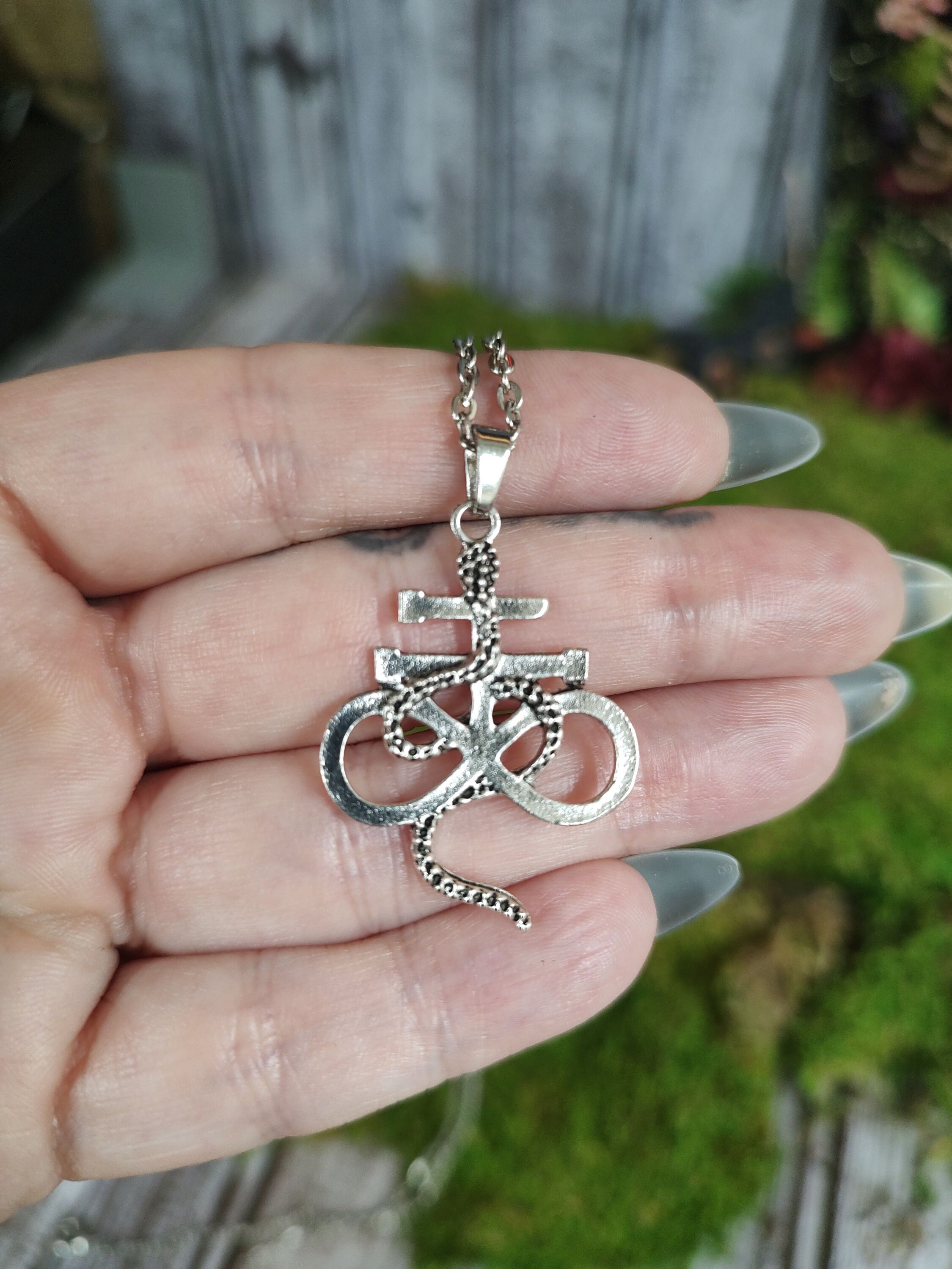 Leviathan Cross Snake Necklace, Sulphur Symbol, Alchemy Jewelry