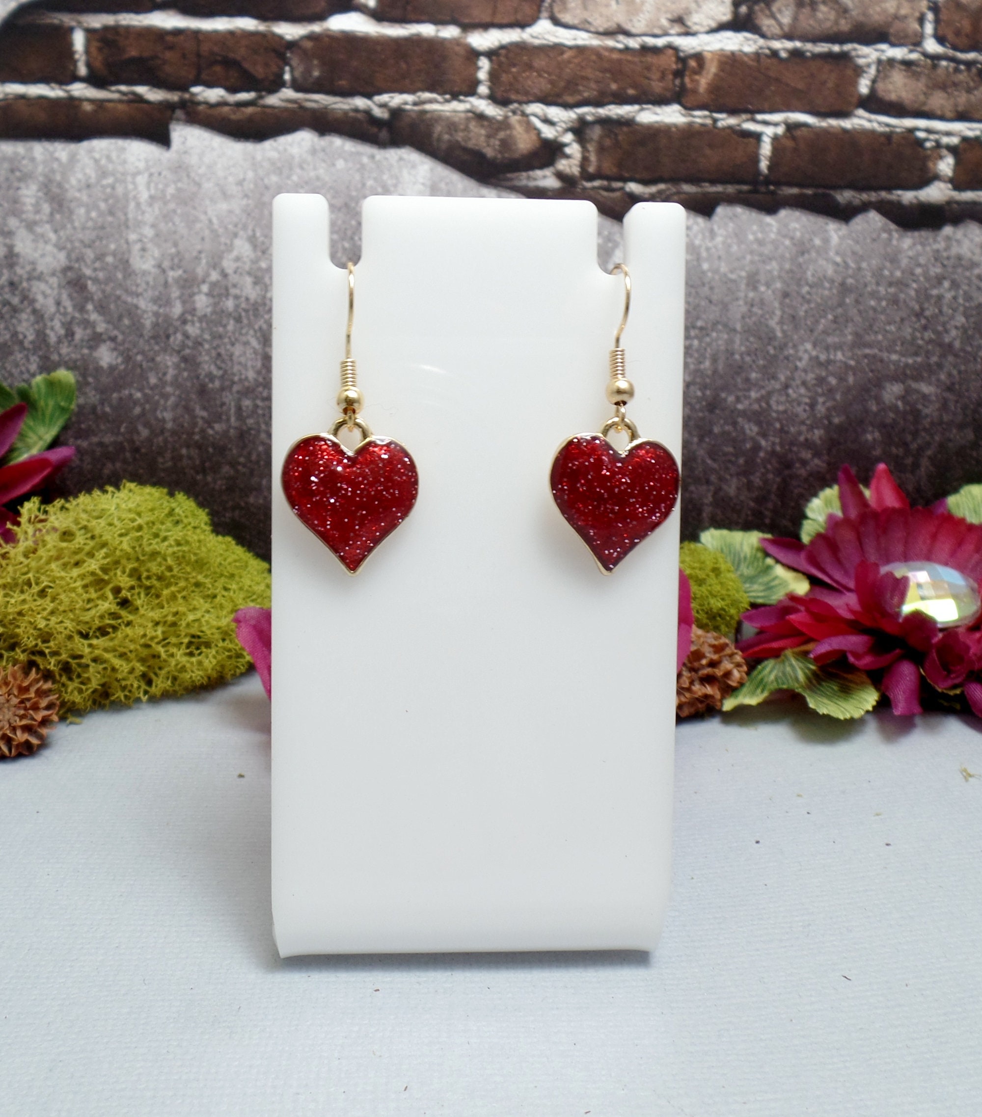 Red Glitter Heart Earrings Gothic Heart Earrings Gold and | Etsy