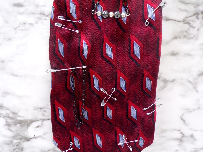 Punk Upcycled Tie Red and Grey Neck Tie Safety Pin Tie Etsy